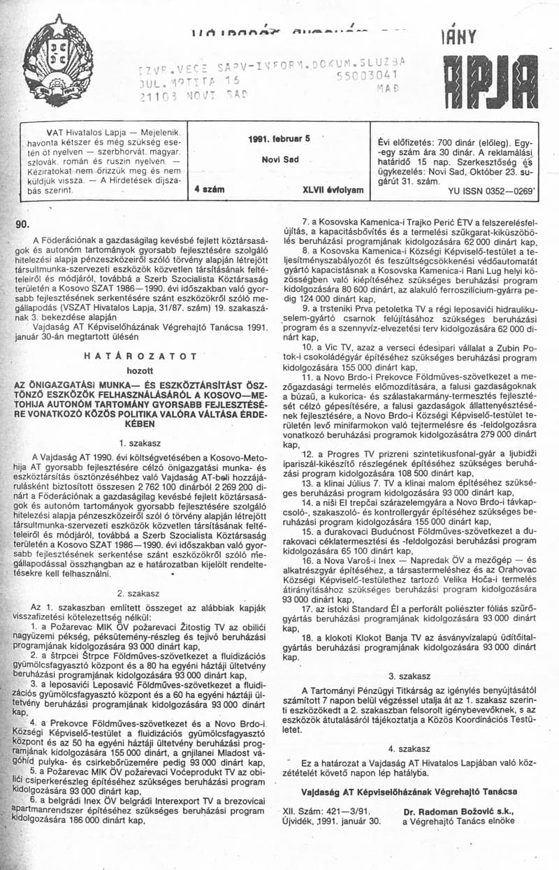 Vajdaság Szocialista Autonóm Tartomány Hivatalos Lapja, 47. évf. 1991. február 5. 4. sz.