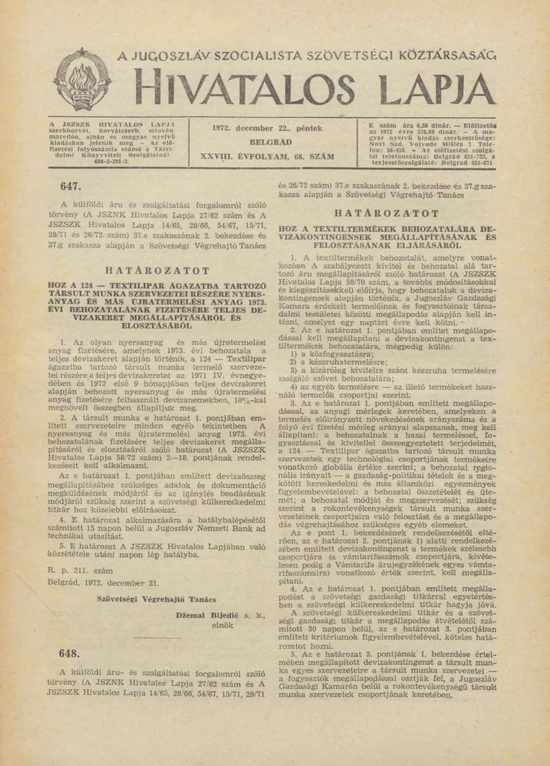 A Jugoszláv Szocialista Szövetségi Köztársaság Hivatalos Lapja, 28. évf. 1972. december 22. 68. sz. 1317–1320. oldal