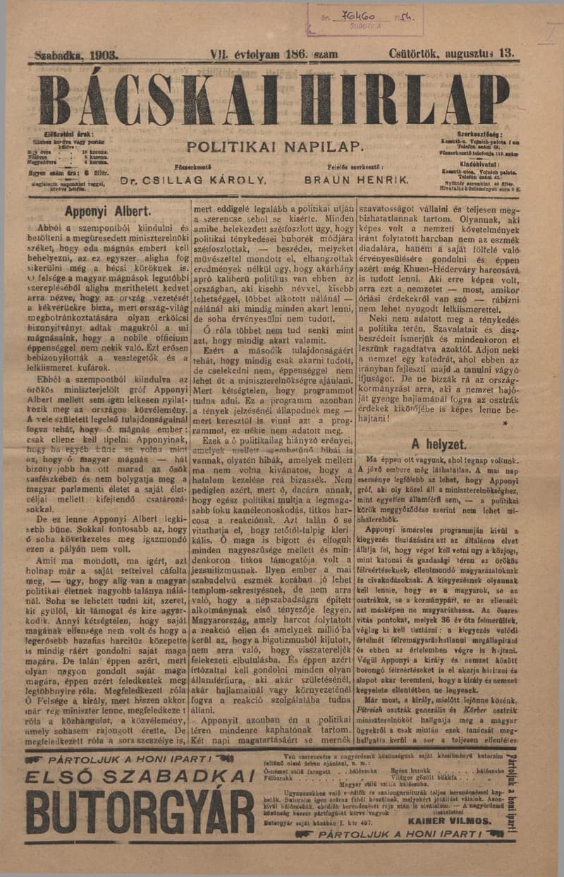 Bácskai Hirlap, 7. évf. 1903. augusztus 13. 186. sz.