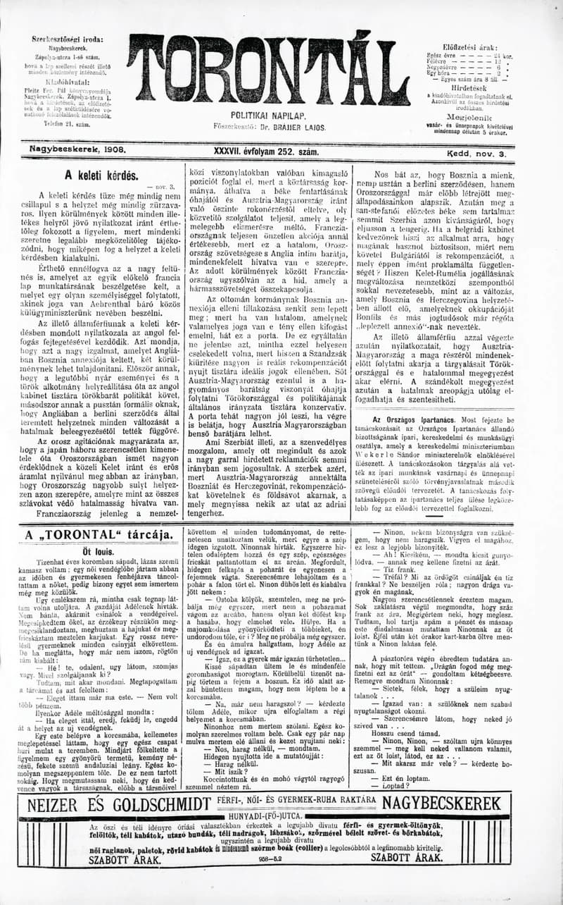 Torontál, 37. évf. 1908. november 3. 252. sz.