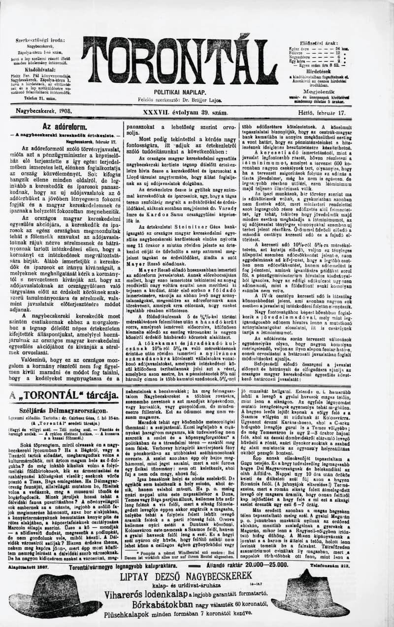 Torontál, 37. évf. 1908. február 17. 39. sz.