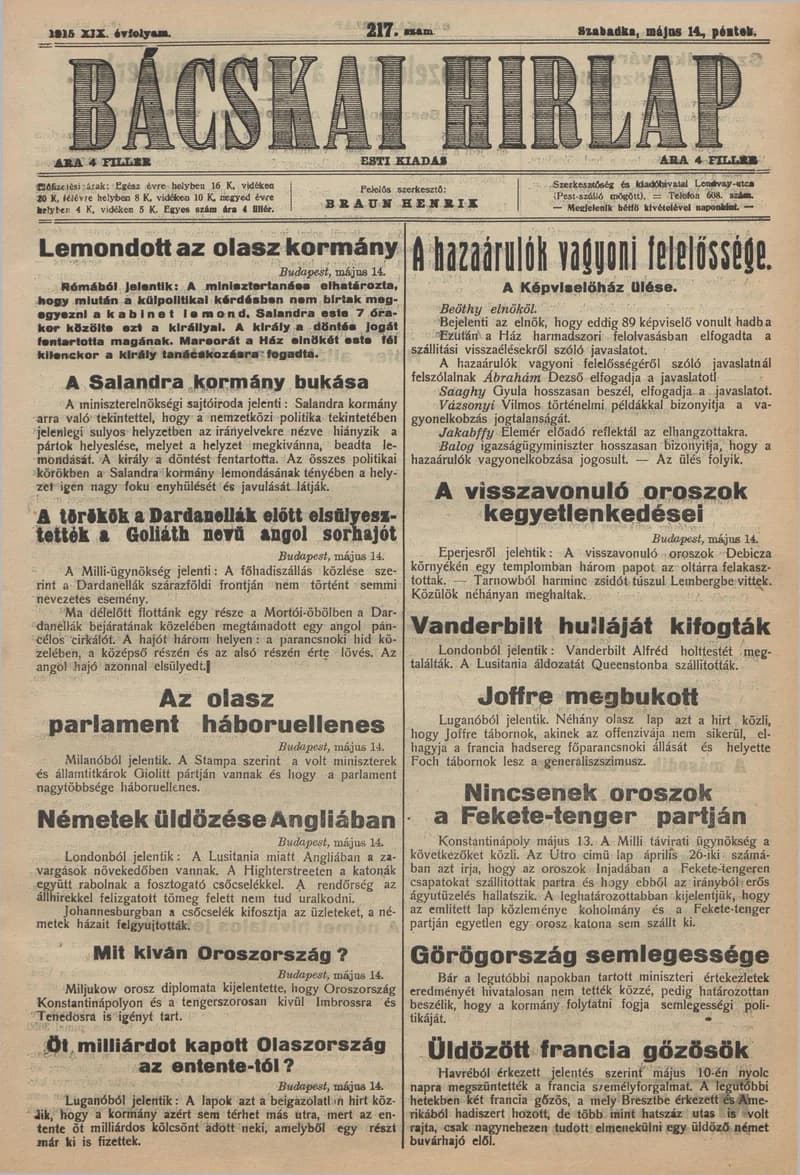 Bácskai Hirlap, 19. évf. 1915. május 14. 217. sz.