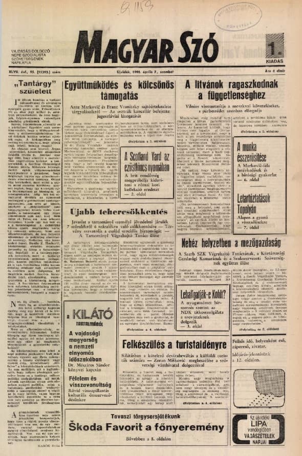 Magyar Szó, 47. évf. 1990. április 7. 95. sz. 1–24. oldal