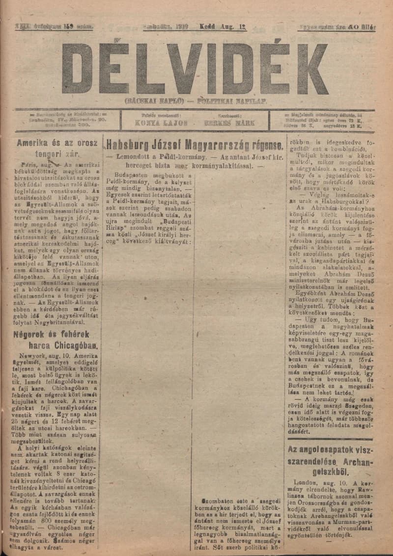 Délvidék, 13. évf. 1919. augusztus 12. 159. sz.