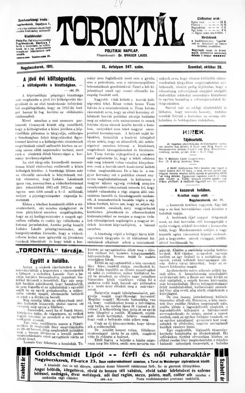 Torontál, 40. évf. 1911. október 28. 247. sz.