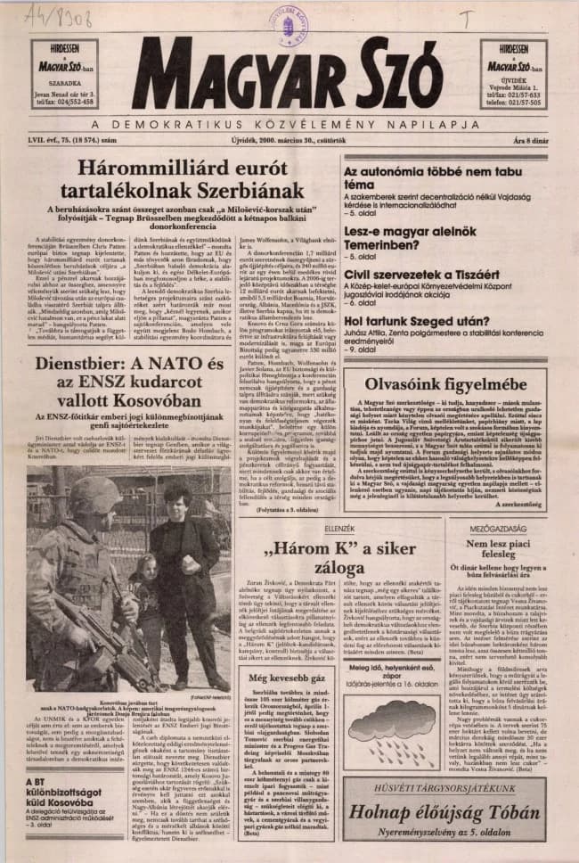 Magyar Szó, 57. évf. 2000. március 30. 75. sz. 1–16. oldal