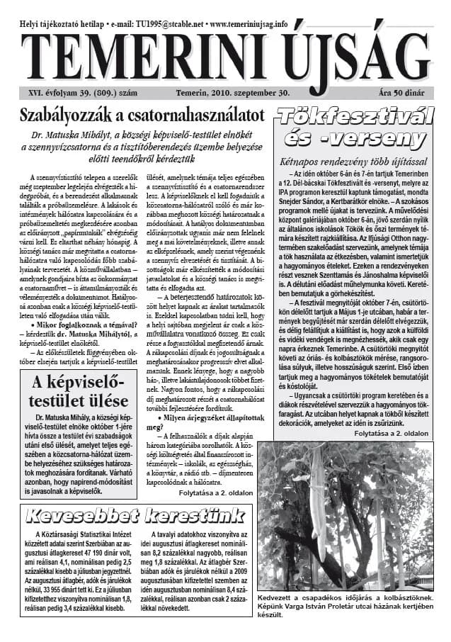 Temerini Újság, 16. évf. 2010. szeptember 30. 39. sz.