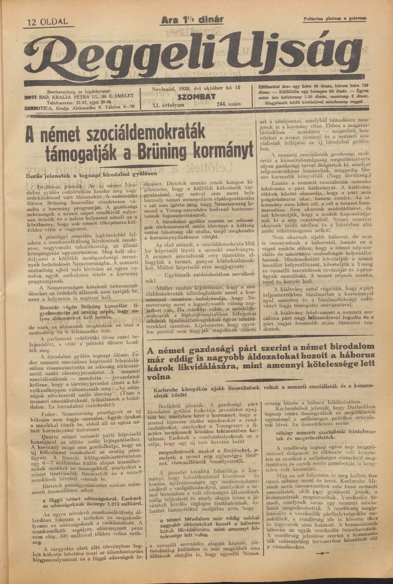 Reggeli Újság, 11. évf. 1930. október 18. 244. sz.