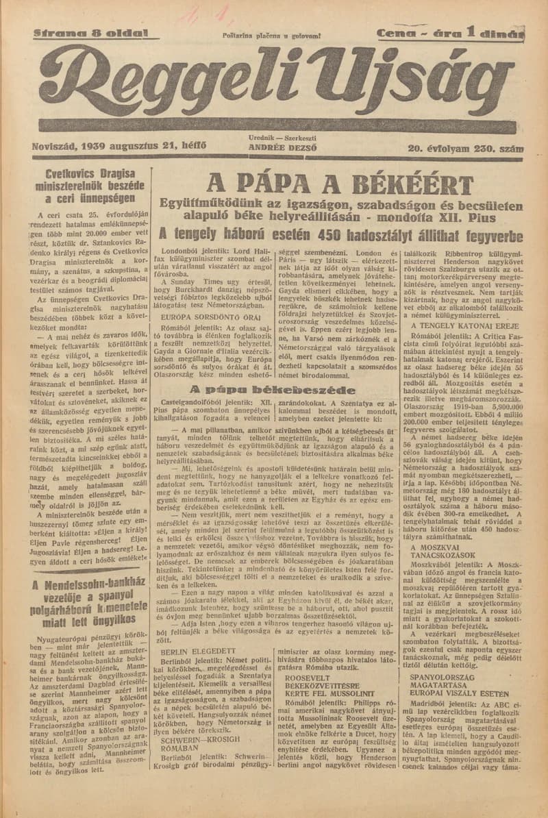 Reggeli Újság, 20. évf. 1939. augusztus 21. 230. sz.
