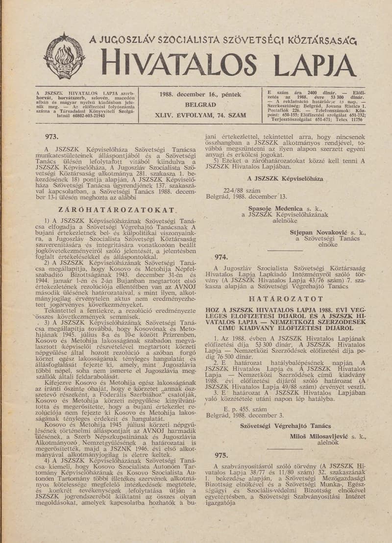 A Jugoszláv Szocialista Szövetségi Köztársaság Hivatalos Lapja, 44. évf. 1988. december 16. 74. sz. 1853–1892. oldal
