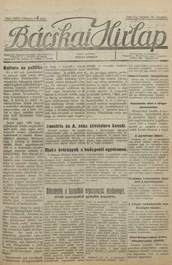 Bácskai Hirlap, 24. évf. 1920. október 16. 175. sz.