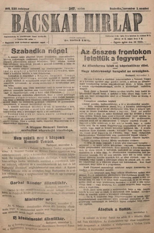Bácskai Hirlap, 22. évf. 1918. november 2. 247. sz.