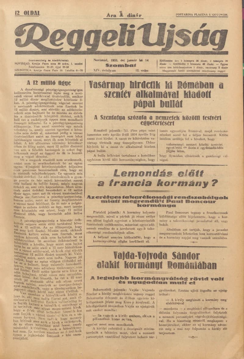 Reggeli Újság, 14. évf. 1933. január 14. 12. sz.