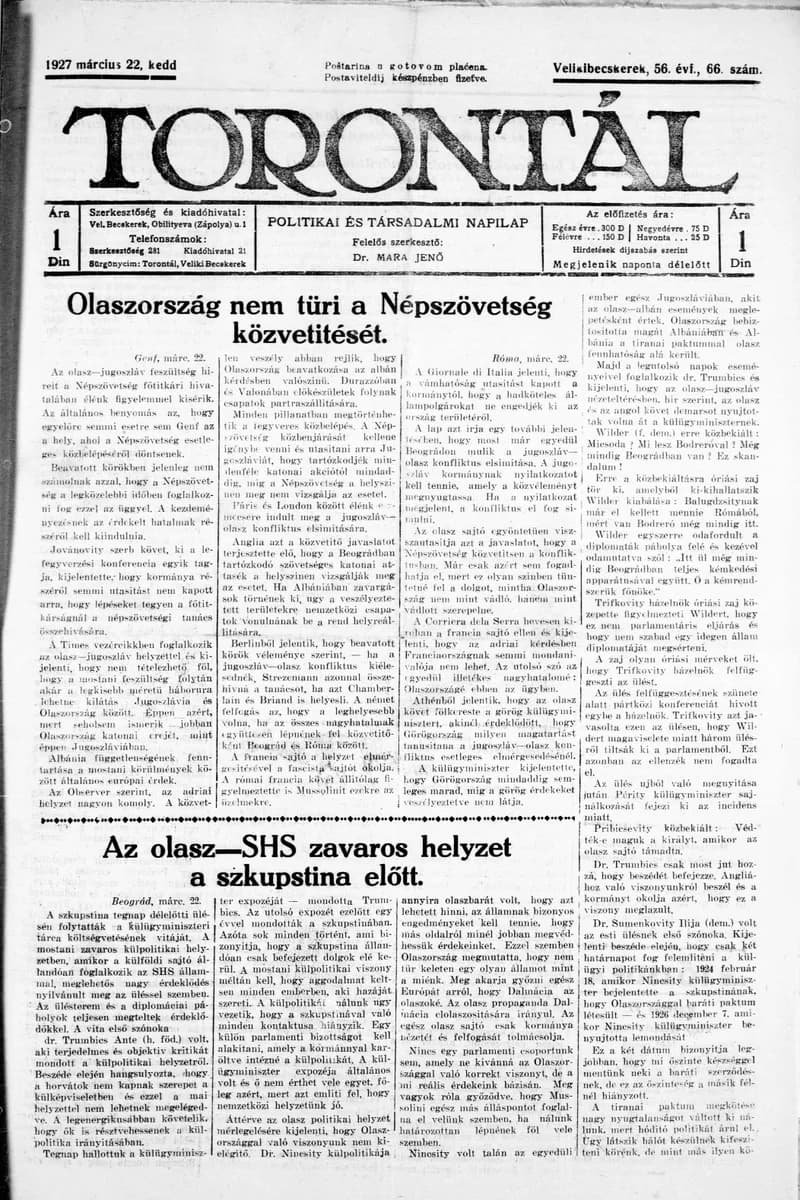 Torontál, 56. évf. 1927. március 22. 66. sz.