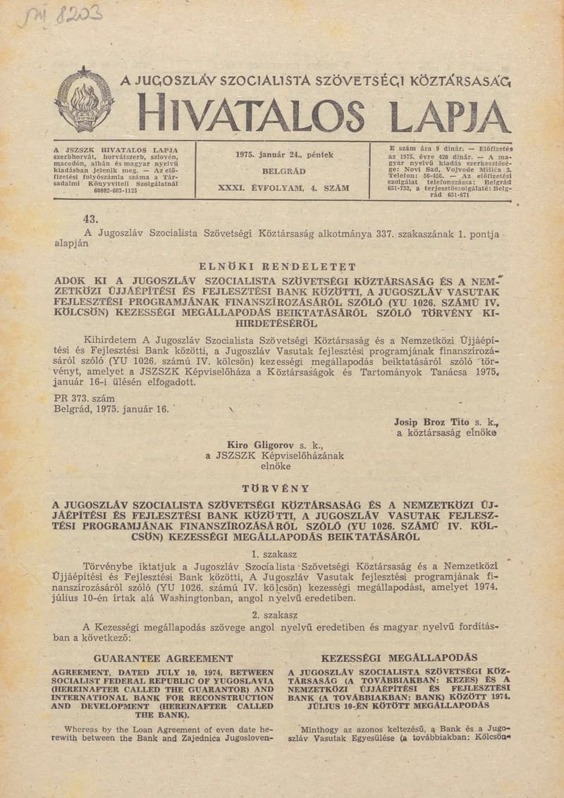 A Jugoszláv Szocialista Szövetségi Köztársaság Hivatalos Lapja, 31. évf. 1975. január 24. 4. sz. 93–128. oldal