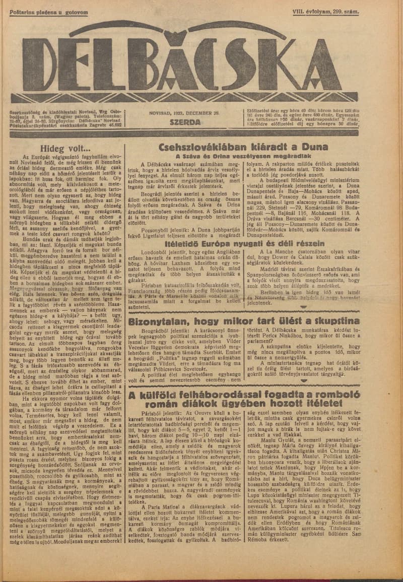 Délbácska, 8. évf. 1927. december 28. 299. sz.