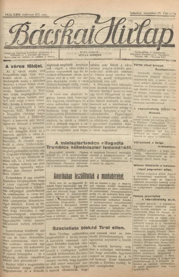 Bácskai Hirlap, 24. évf. 1920. november 25. 205. sz.