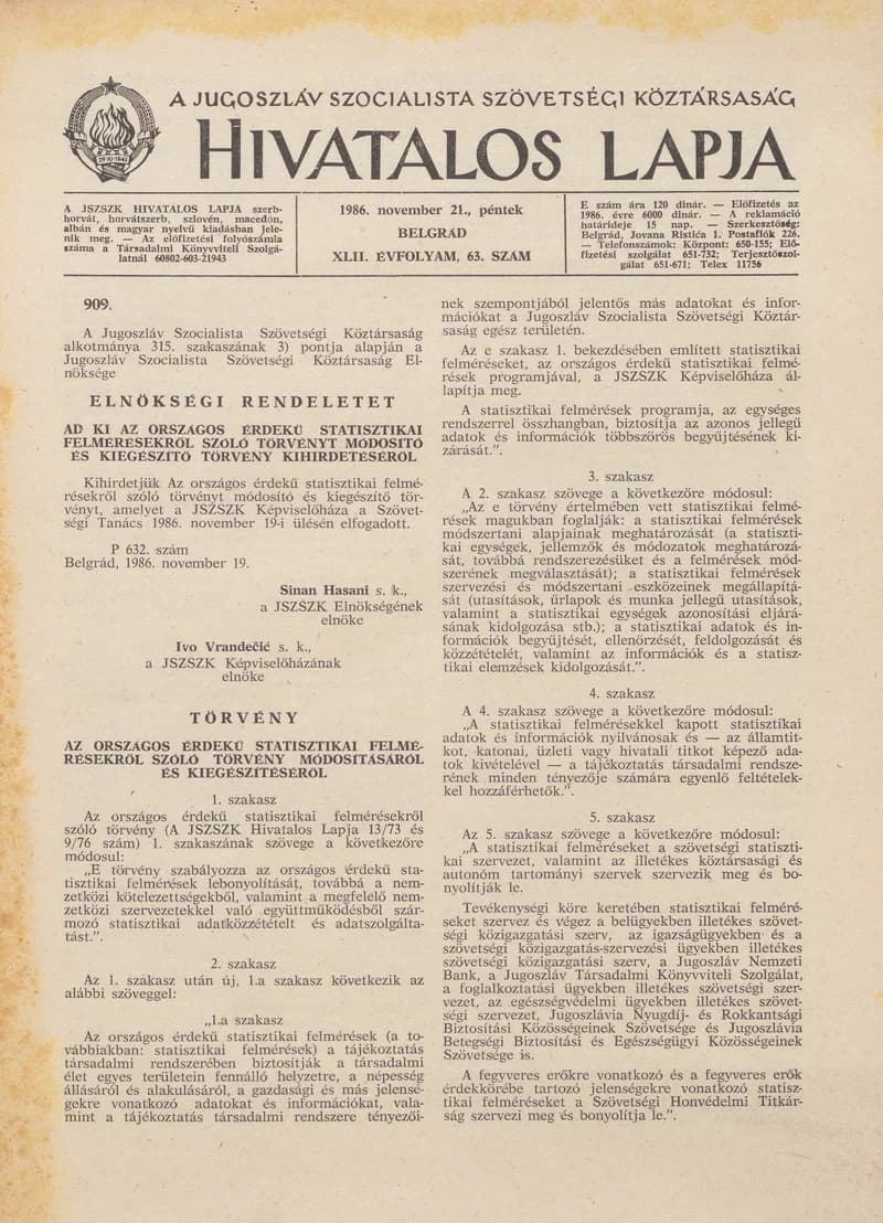 A Jugoszláv Szocialista Szövetségi Köztársaság Hivatalos Lapja, 42. évf. 1986. november 21. 63. sz. 1801–1816. oldal