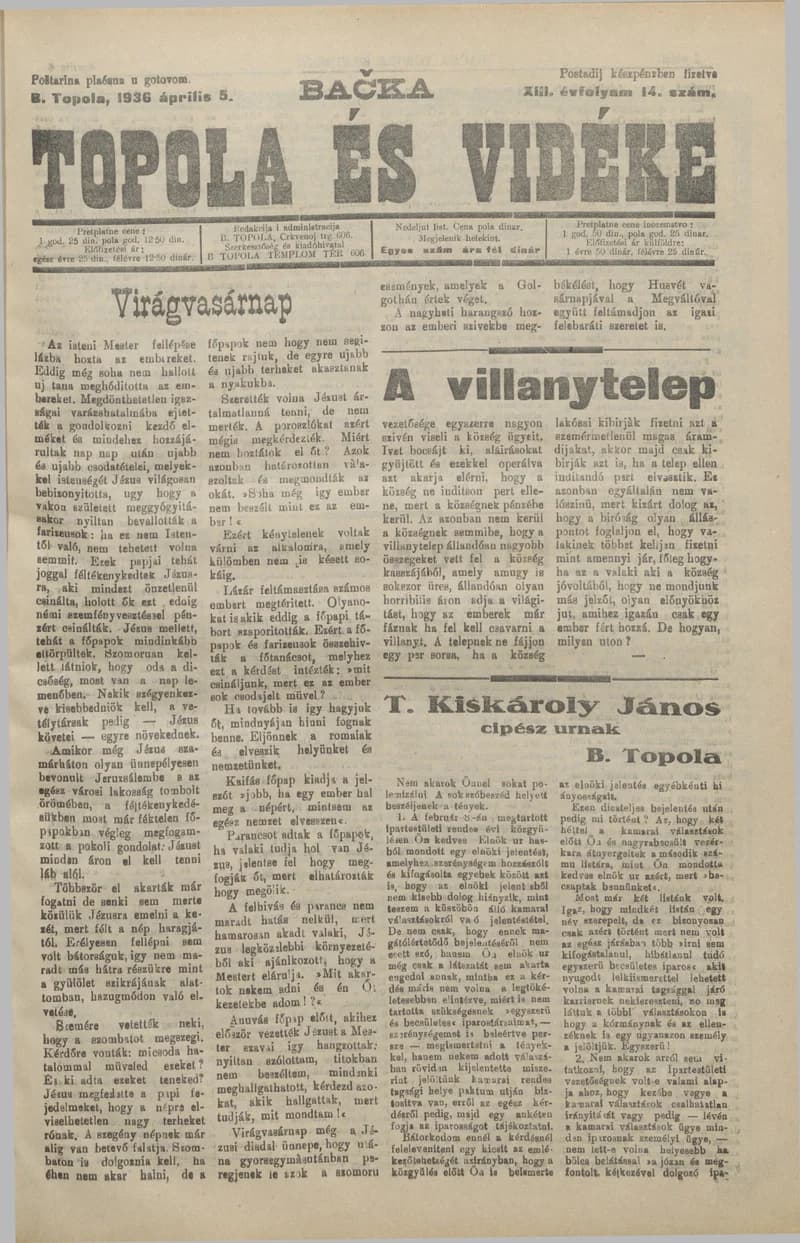 Bačka Topola és Vidéke, 13. évf. 1936. április 5. 14. sz.