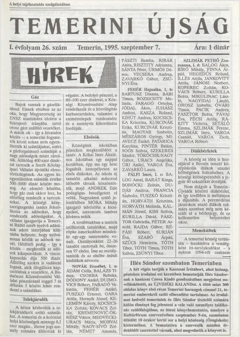 Temerini Újság, 1. évf. 1995. szeptember 7. 26. sz.