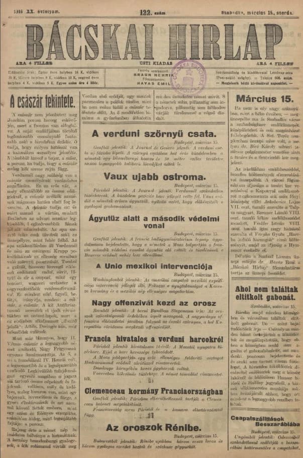 Bácskai Hirlap, 20. évf. 1916. március 15. 122. sz.