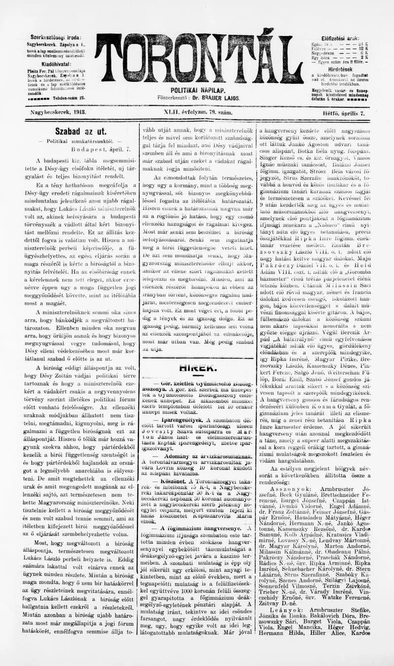 Torontál, 42. évf. 1913. április 7. 79. sz.