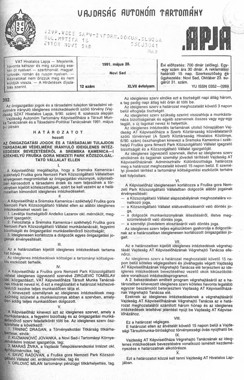Vajdaság Szocialista Autonóm Tartomány Hivatalos Lapja, 47. évf. 1991. május 28. 12. sz.