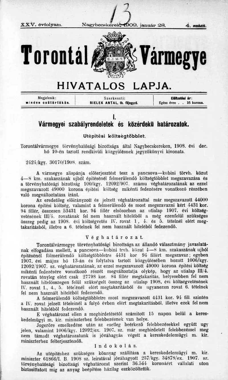 Torontál Vármegye Hivatalos Lapja, 25. évf. 1909. január 28. 4. sz.