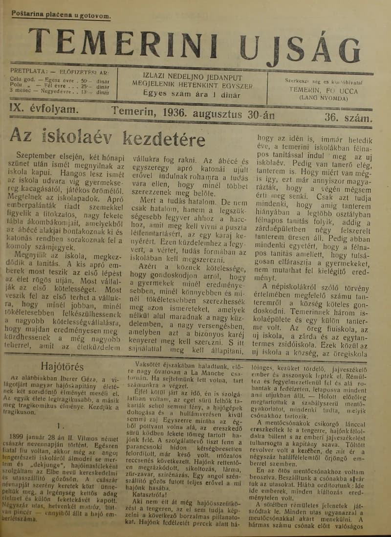 Temerini Újság 1928-1944, 9. évf. 1936. augusztus 30. 36. sz.