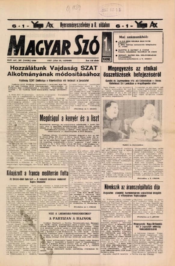 Magyar Szó, 44. évf. 1987. július 30. 207. sz. 1–16. oldal