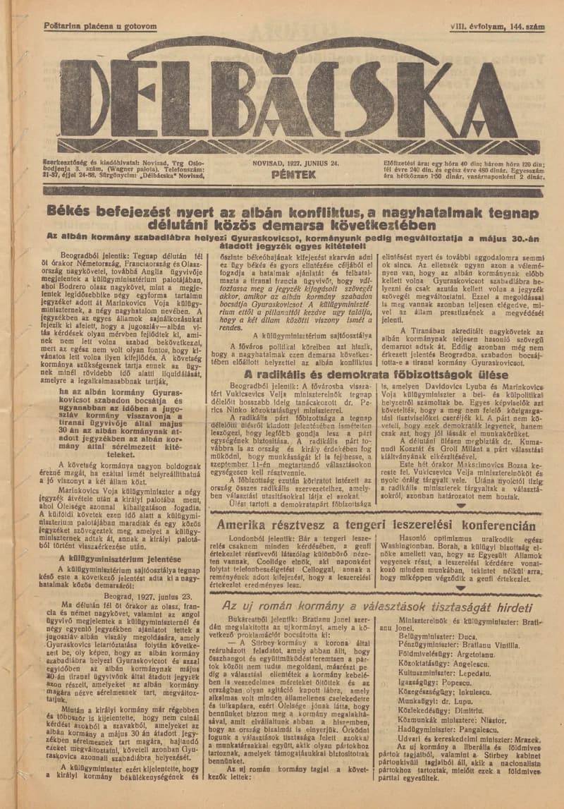Délbácska, 8. évf. 1927. június 24. 144. sz.