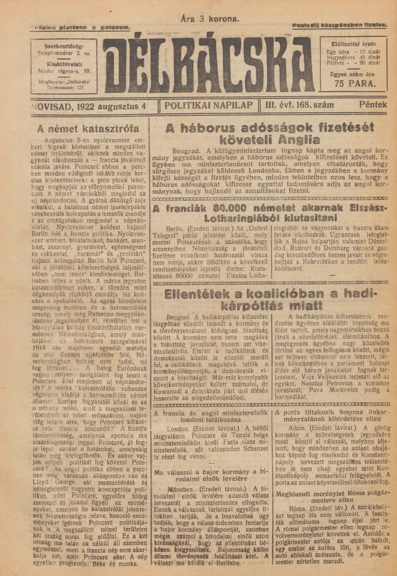 Délbácska, 3. évf. 1922. augusztus 4. 168. sz.