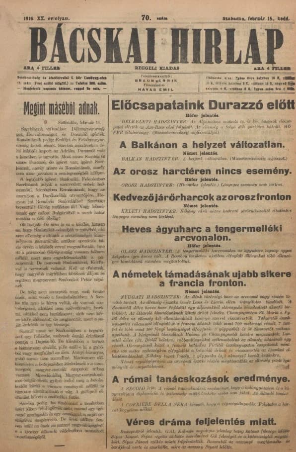 Bácskai Hirlap, 20. évf. 1916. február 15. 70. sz.