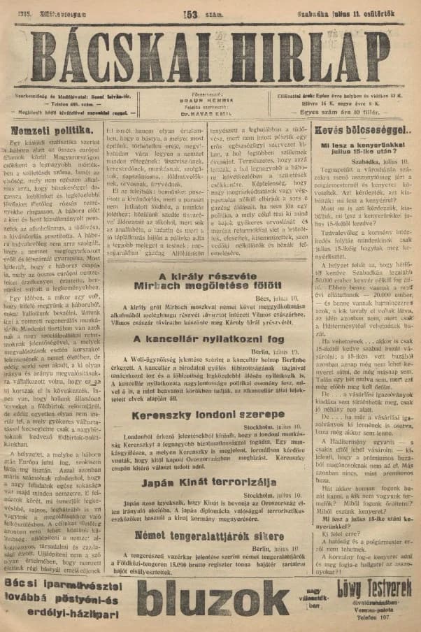 Bácskai Hirlap, 22. évf. 1918. július 11. 153. sz.