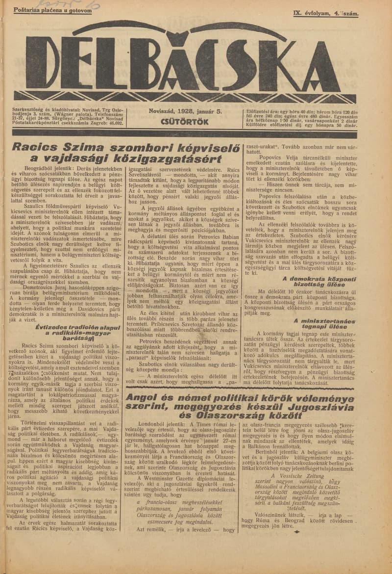 Délbácska, 9. évf. 1928. január 5. 4. sz.