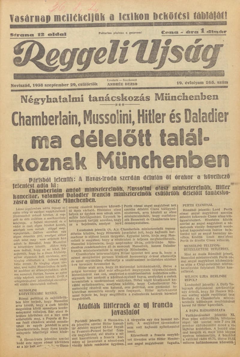 Reggeli Újság, 19. évf. 1938. szeptember 29. 265. sz.