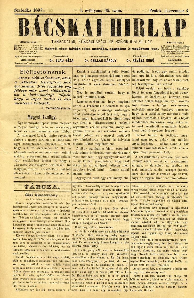 Bácskai Hirlap, 1. évf. 1897. december 3. 36. sz. 1–4. oldal