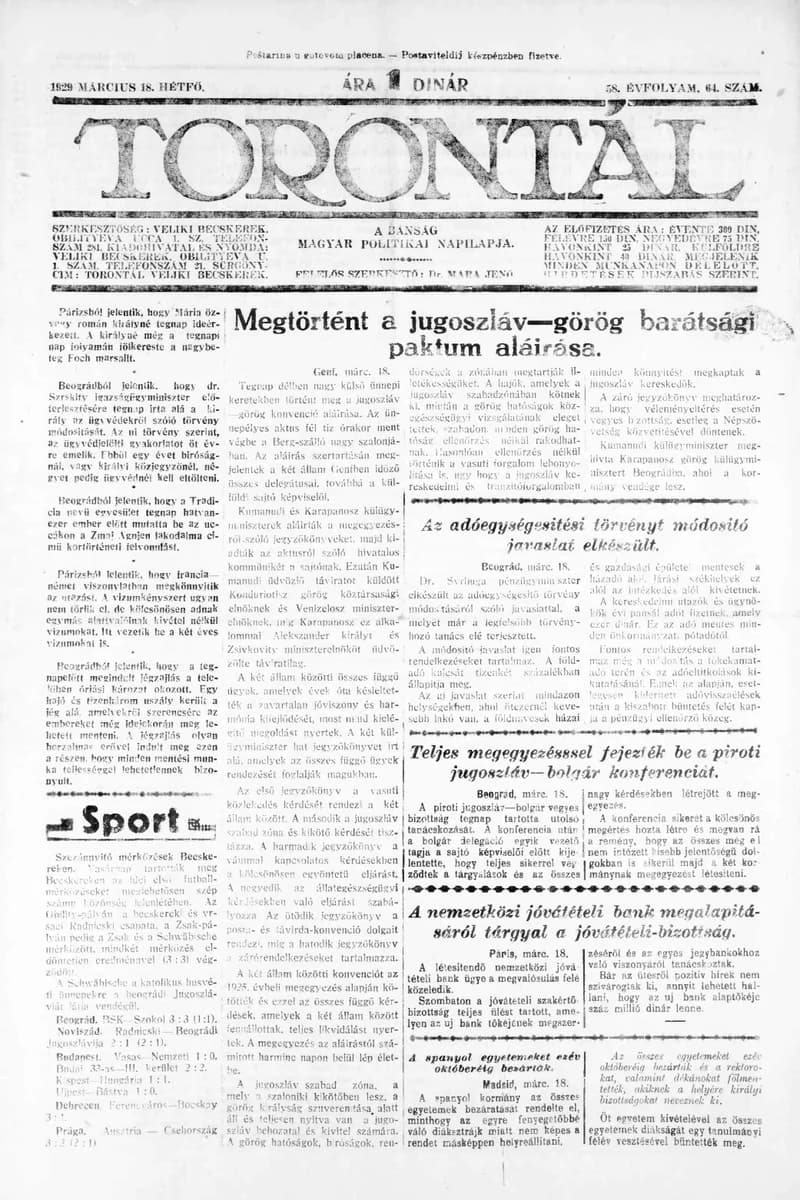 Torontál, 58. évf. 1929. március 18. 64. sz.