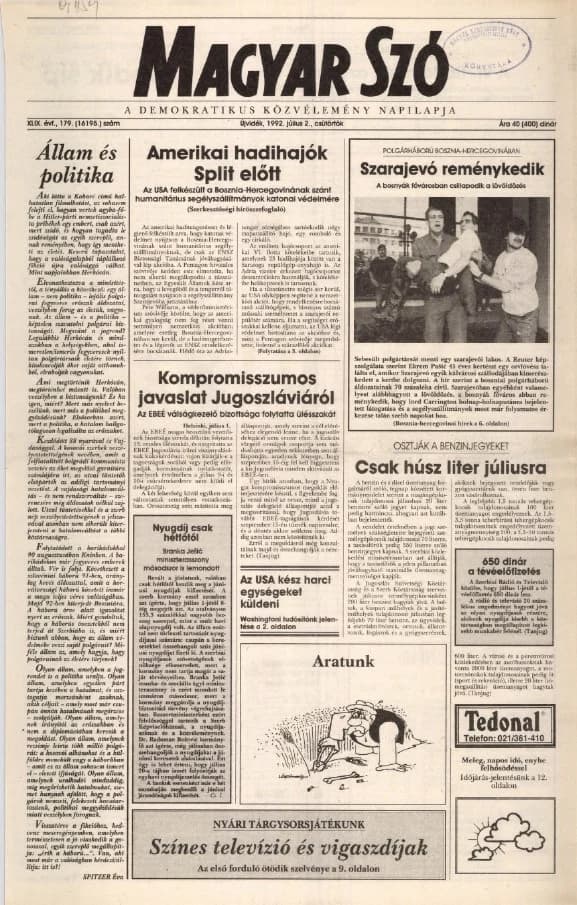 Magyar Szó, 49. évf. 1992. július 2. 179. sz. 1–16. oldal