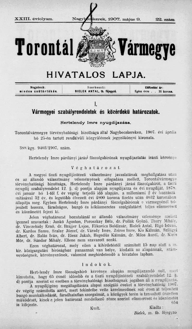 Torontál Vármegye Hivatalos Lapja, 23. évf. 1907. május 9. 22. sz.