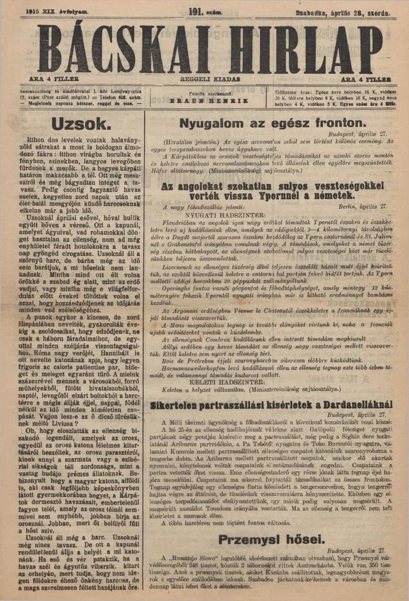 Bácskai Hirlap, 19. évf. 1915. április 28. 191. sz.