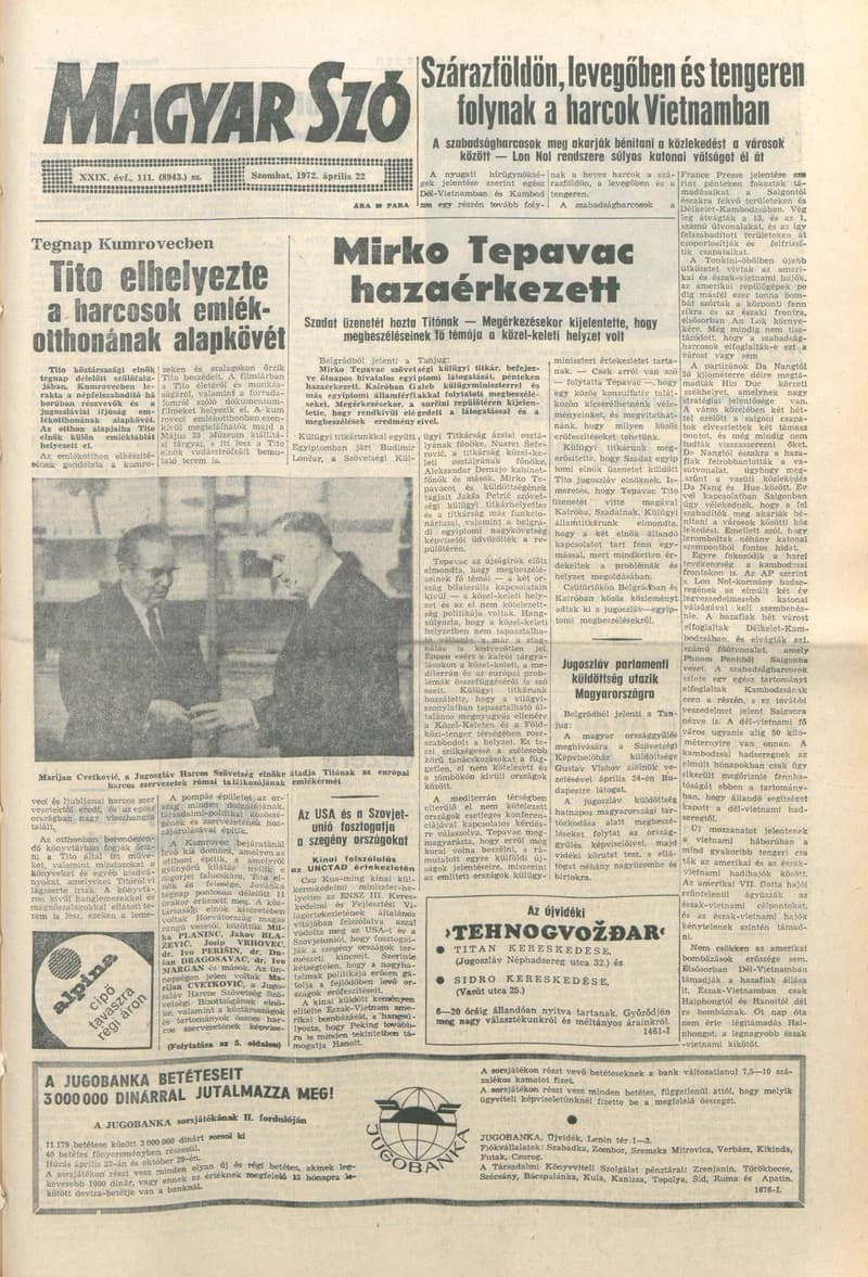 Magyar Szó, 29. évf. 1972. április 22. 111. sz. 1–20. oldal