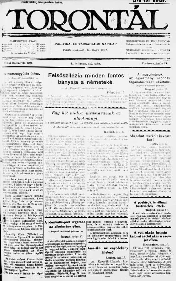 Torontál, 50. évf. 1921. június 19. 132. sz.