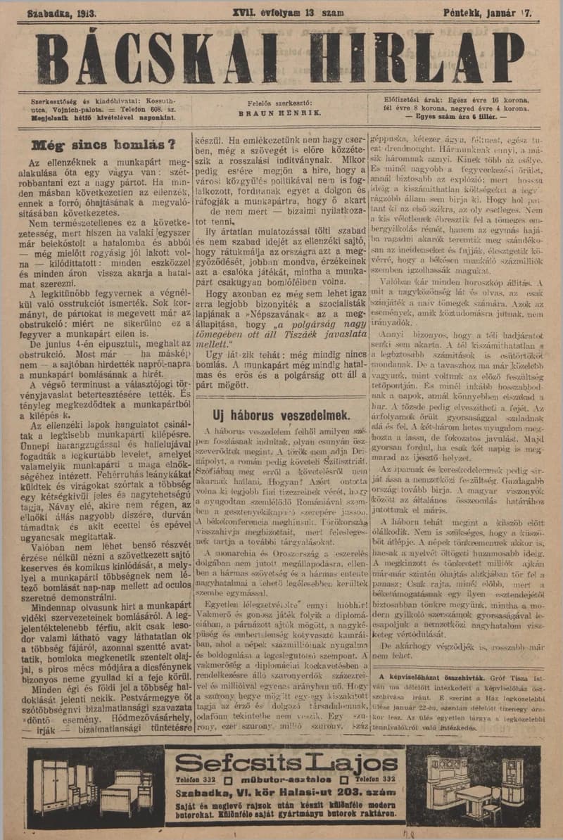 Bácskai Hirlap, 17. évf. 1913. január 17. 13. sz.