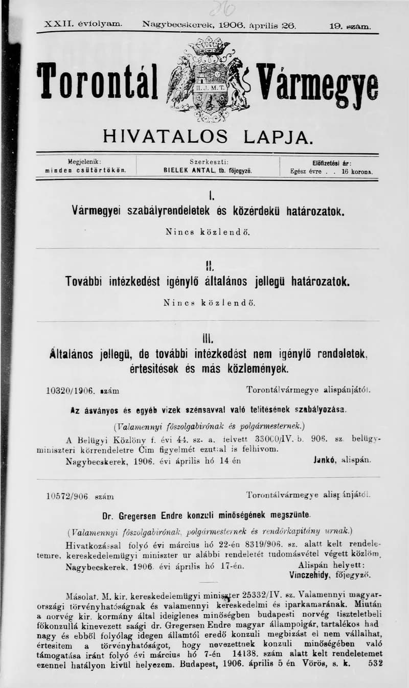 Torontál Vármegye Hivatalos Lapja, 22. évf. 1906. április 26. 19. sz.