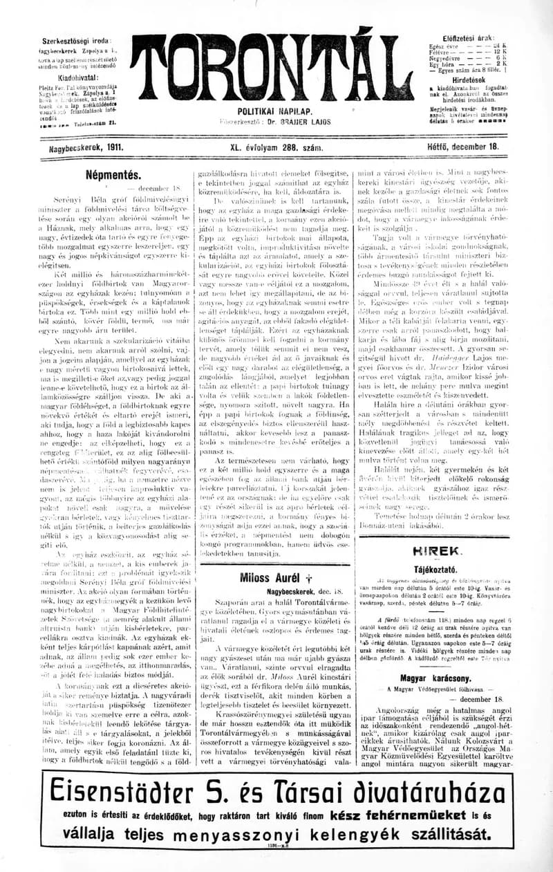 Torontál, 40. évf. 1911. december 18. 288. sz.