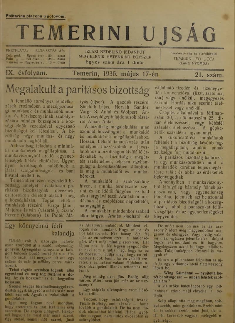 Temerini Újság 1928-1944, 9. évf. 1936. május 17. 21. sz.