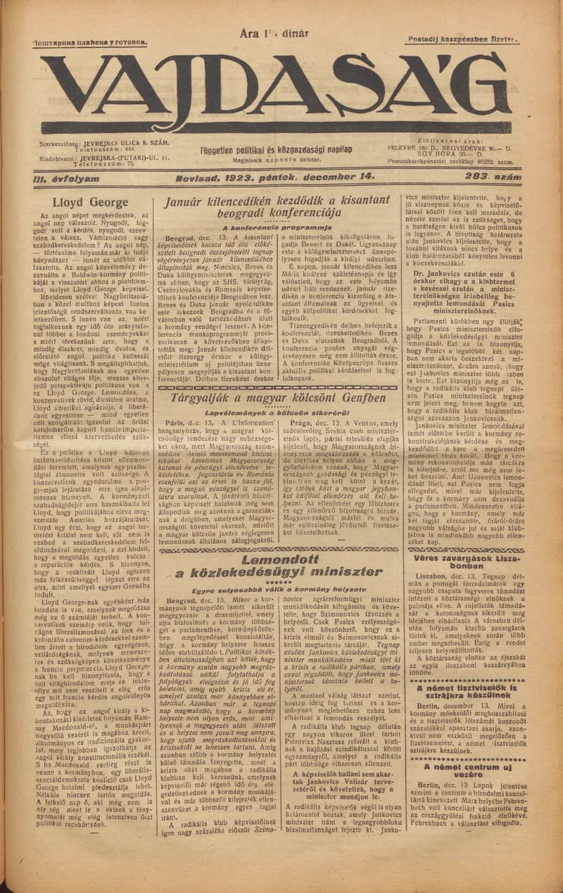 Vajdaság, 3. évf. 1923. december 14. 283. sz.