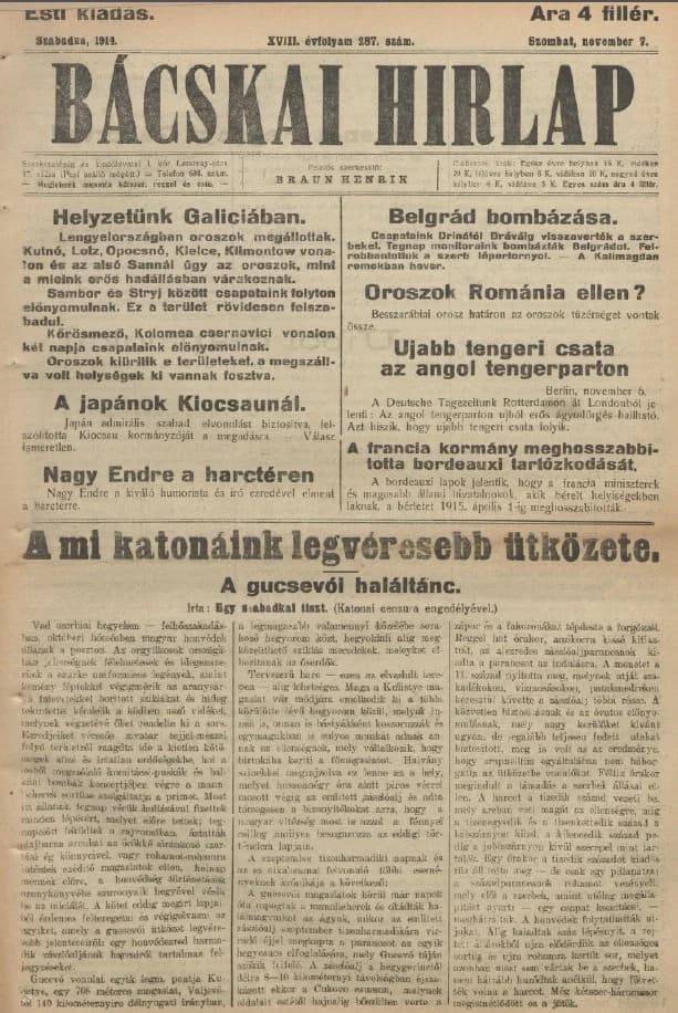 Bácskai Hirlap, 18. évf. 1914. november 7. 287. sz.