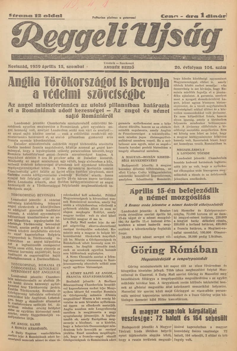 Reggeli Újság, 20. évf. 1939. április 15. 104. sz.